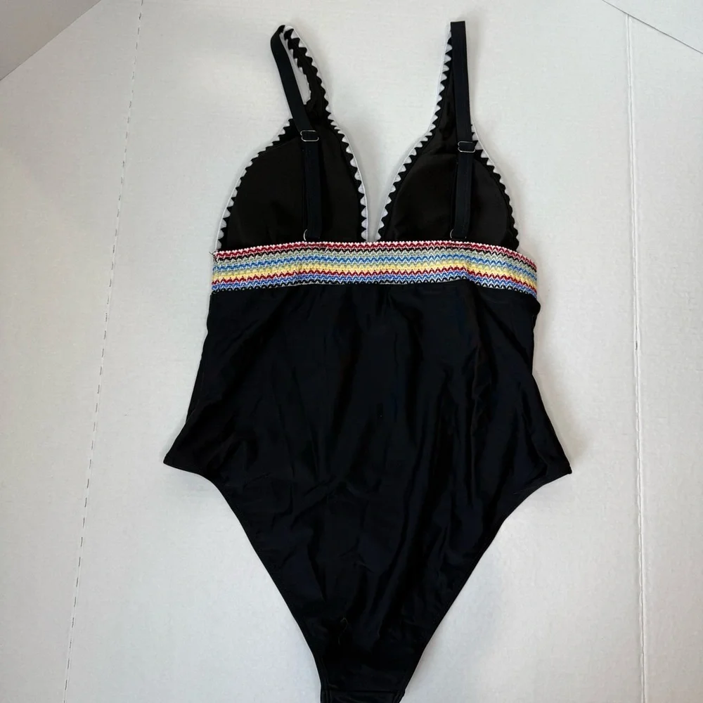 Black One-Piece Swimsuit with Rainbow Zigzag Trim – Size XL